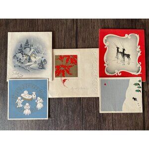 5 Vintage Christmas Greetings Card Lamb Star Trees
